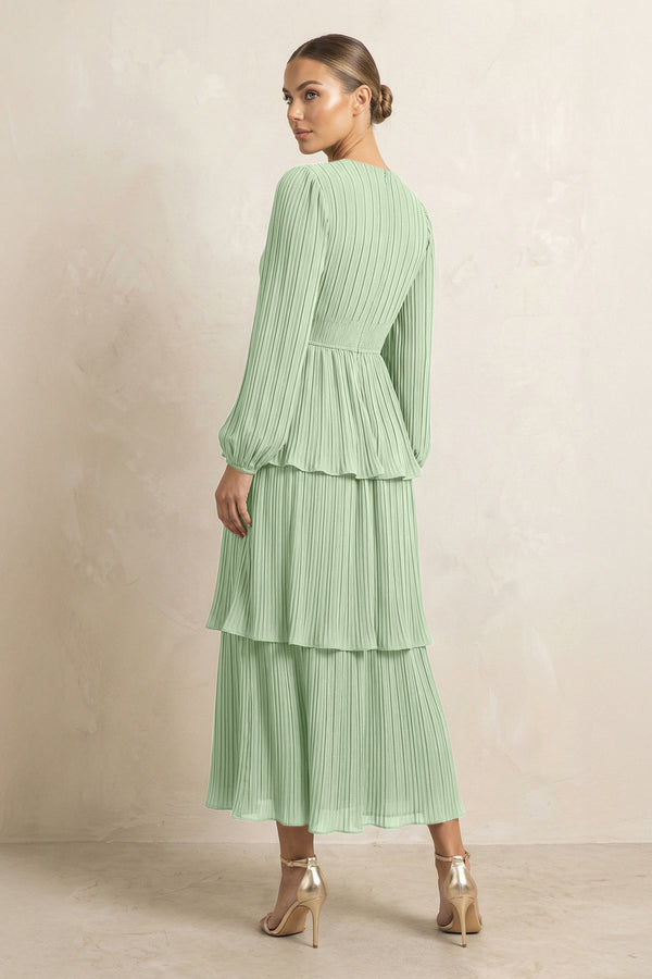 V - Neck Tiered A - Line Chiffon Midi Bridesmaid Dress in Sage - SHE IS ME Bridesmaid Dresses
