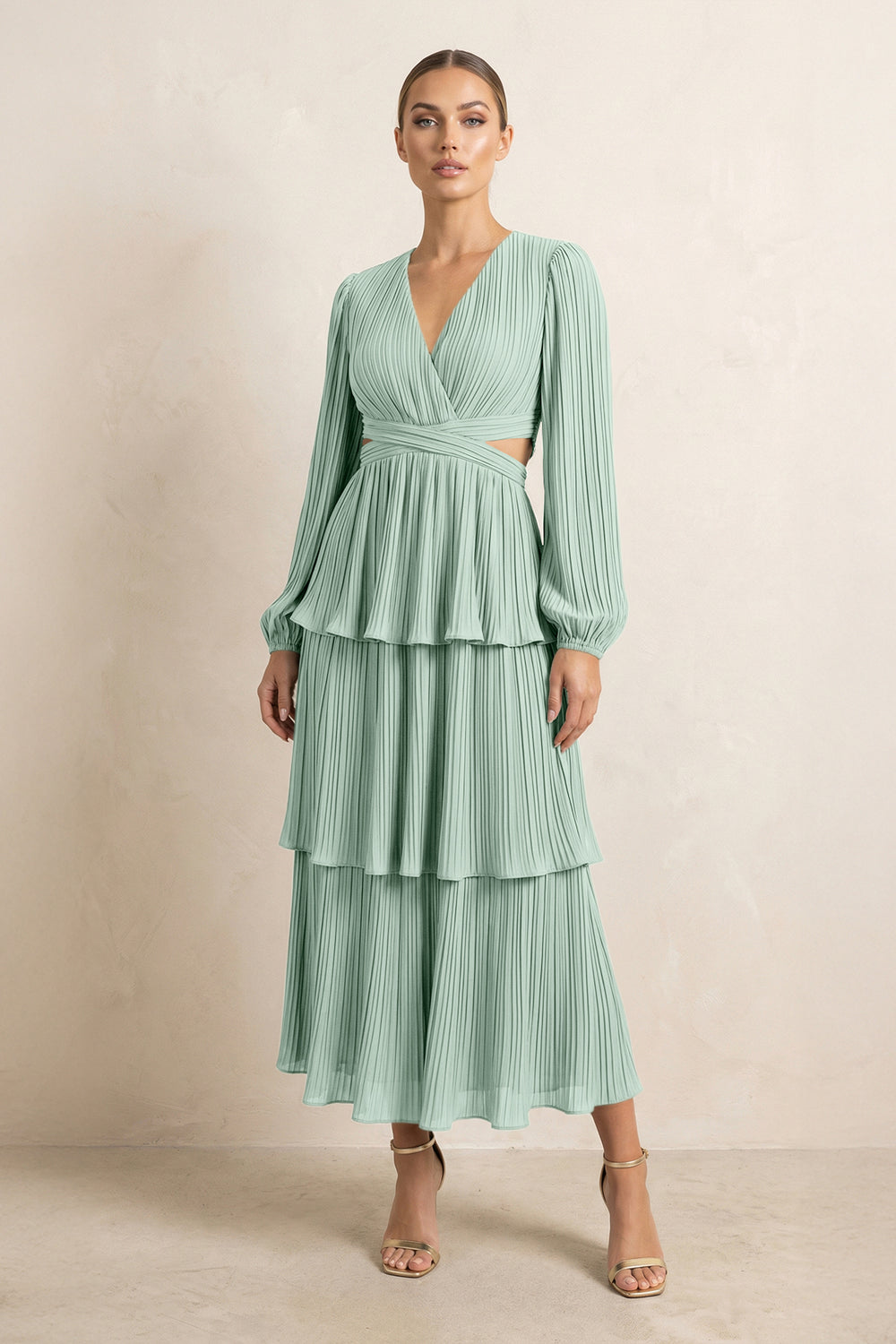 V-Neck Tiered A-Line Chiffon Midi Bridesmaid Dress in Sage