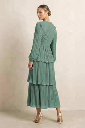 V-Neck Tiered A-Line Chiffon Midi Bridesmaid Dress in Sea Glass (2) | KISSBRIDAL