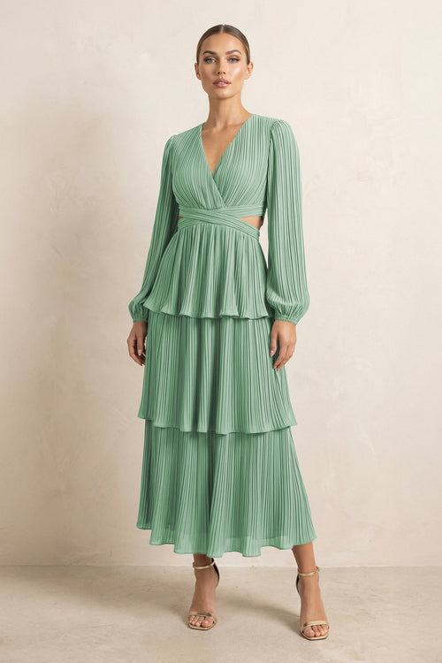 V - Neck Tiered A - Line Chiffon Midi Bridesmaid Dress in Sea Glass - SHE IS ME Bridesmaid Dresses