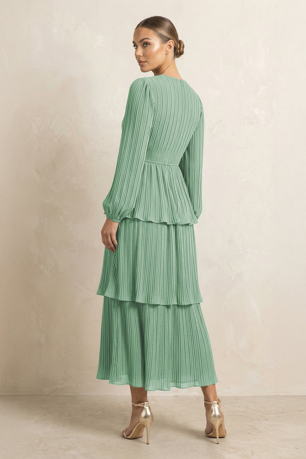 V - Neck Tiered A - Line Chiffon Midi Bridesmaid Dress in Sea Glass - SHE IS ME Bridesmaid Dresses