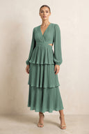 V-Neck Tiered A-Line Chiffon Midi Bridesmaid Dress in Sea Glass | KISSBRIDAL
