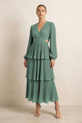 V-Neck Tiered A-Line Chiffon Midi Bridesmaid Dress in Sea Glass | KISSBRIDAL