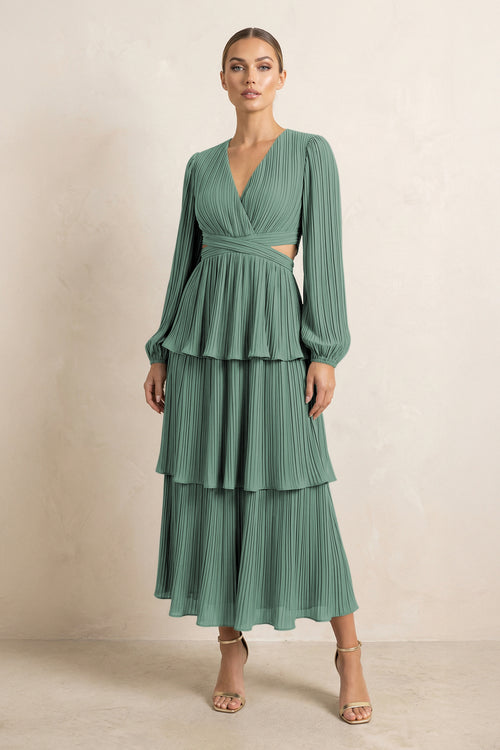 V-Neck Tiered A-Line Chiffon Midi Bridesmaid Dress in Sea Glass | KISSBRIDAL