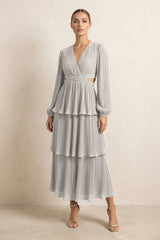 V - Neck Tiered A - Line Chiffon Midi Bridesmaid Dress in Silver - KISS BRIDAL Bridesmaid Dresses