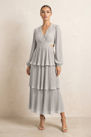 V - Neck Tiered A - Line Chiffon Midi Bridesmaid Dress in Silver - SHE IS ME Bridesmaid Dresses