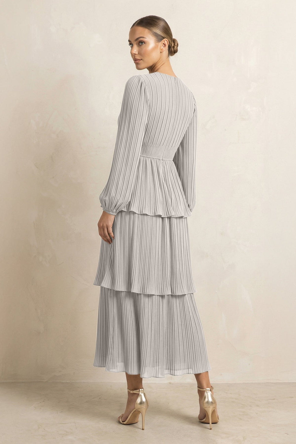 V - Neck Tiered A - Line Chiffon Midi Bridesmaid Dress in Silver - KISS BRIDAL Bridesmaid Dresses