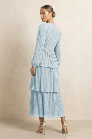 V-Neck Tiered A-Line Chiffon Midi Bridesmaid Dress in Sky Blue (2) | KISSBRIDAL