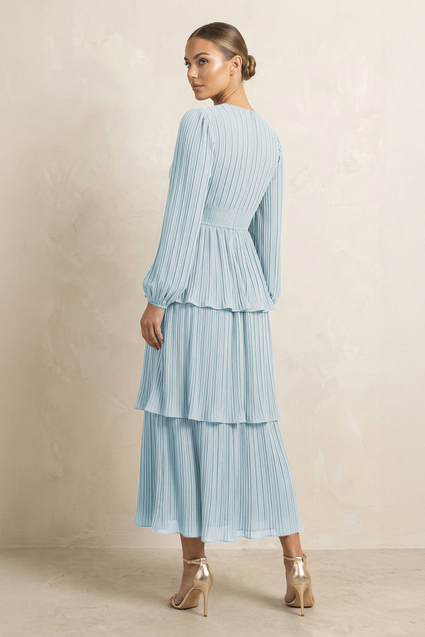 V-Neck Tiered A-Line Chiffon Midi Bridesmaid Dress in Sky Blue (2) | KISSBRIDAL