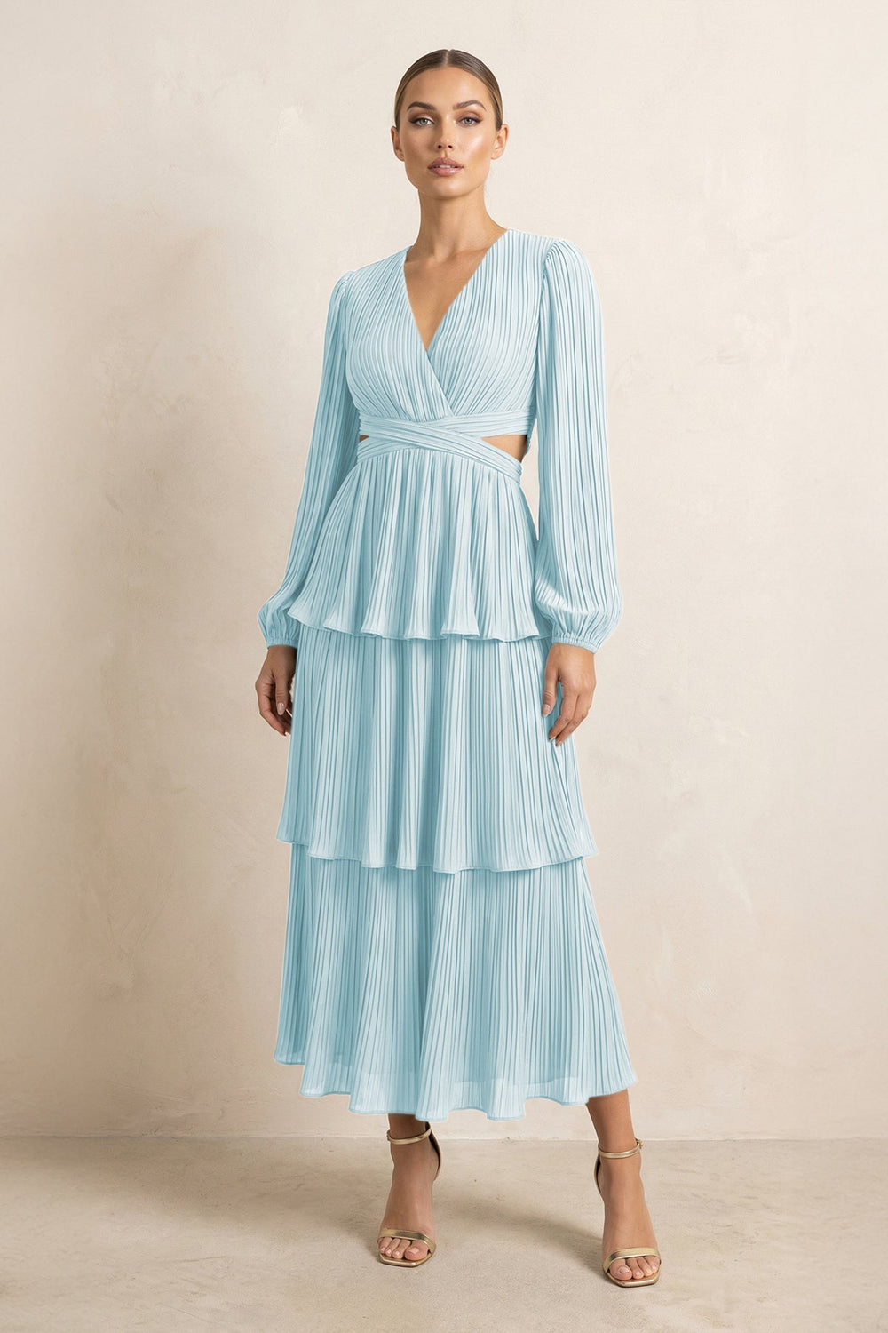 V - Neck Tiered A - Line Chiffon Midi Bridesmaid Dress in Sky Blue - KISS BRIDAL Bridesmaid Dresses