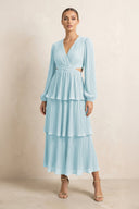 V - Neck Tiered A - Line Chiffon Midi Bridesmaid Dress in Sky Blue - SHE IS ME Bridesmaid Dresses