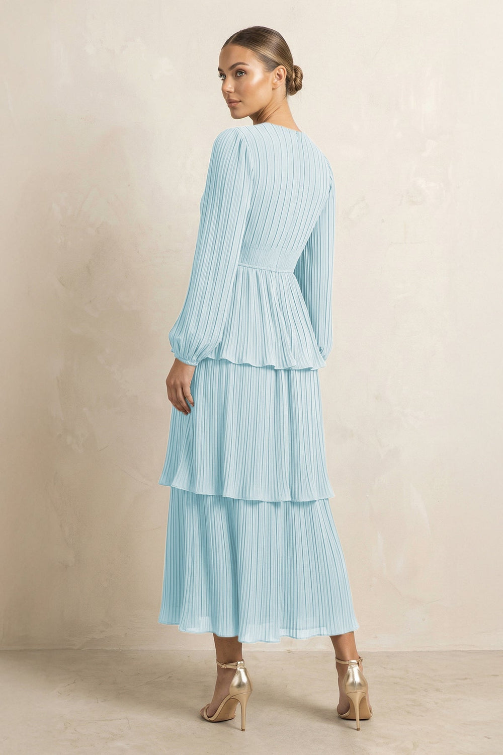 V - Neck Tiered A - Line Chiffon Midi Bridesmaid Dress in Sky Blue - KISS BRIDAL Bridesmaid Dresses