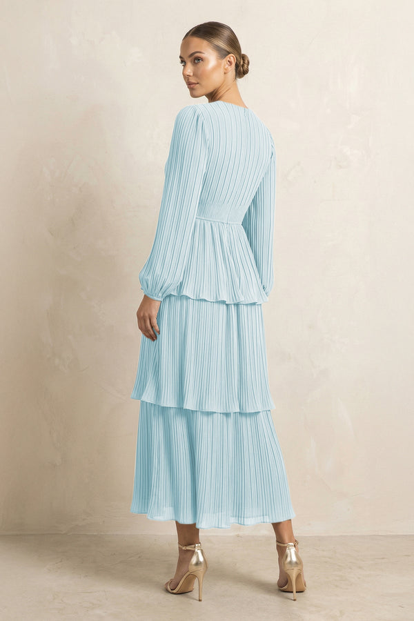 V - Neck Tiered A - Line Chiffon Midi Bridesmaid Dress in Sky Blue - SHE IS ME Bridesmaid Dresses