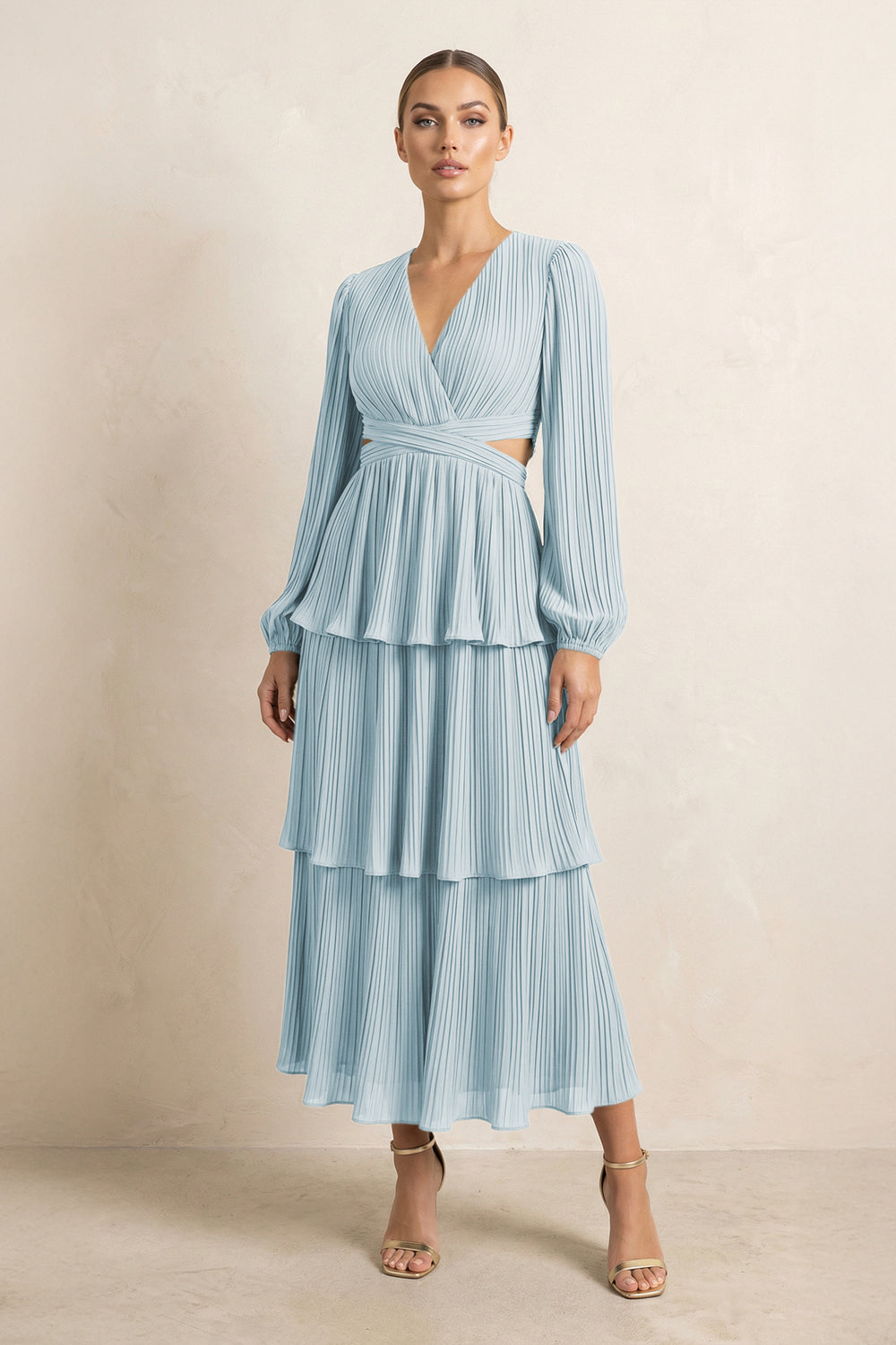V-Neck Tiered A-Line Chiffon Midi Bridesmaid Dress in Sky Blue