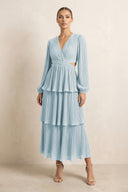 V-Neck Tiered A-Line Chiffon Midi Bridesmaid Dress in Sky Blue | KISSBRIDAL