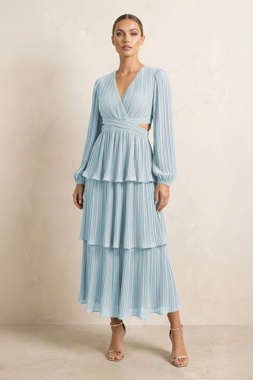 V-Neck Tiered A-Line Chiffon Midi Bridesmaid Dress in Sky Blue | KISSBRIDAL