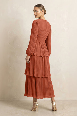 V - Neck Tiered A - Line Chiffon Midi Bridesmaid Dress in Spice - SHE IS ME Bridesmaid Dresses