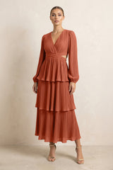 V - Neck Tiered A - Line Chiffon Midi Bridesmaid Dress in Spice - KISS BRIDAL Bridesmaid Dresses