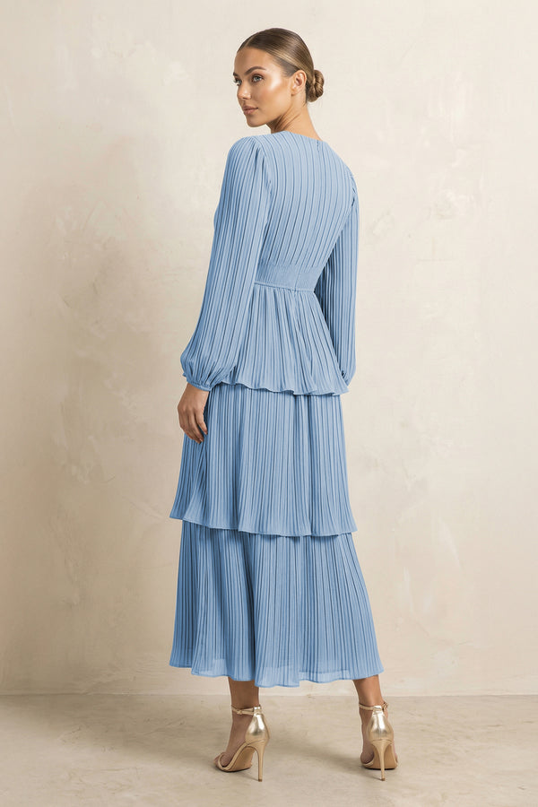 V-Neck Tiered A-Line Chiffon Midi Bridesmaid Dress in Steel Blue (2) | KISSBRIDAL
