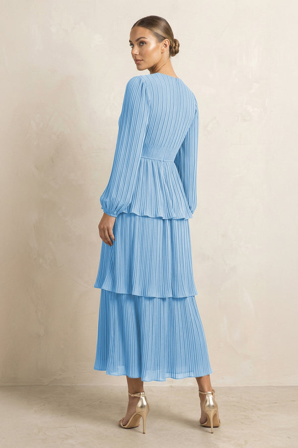 V - Neck Tiered A - Line Chiffon Midi Bridesmaid Dress in Steel Blue - SHE IS ME Bridesmaid Dresses