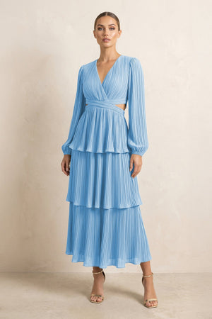 V - Neck Tiered A - Line Chiffon Midi Bridesmaid Dress in Steel Blue - SHE IS ME Bridesmaid Dresses