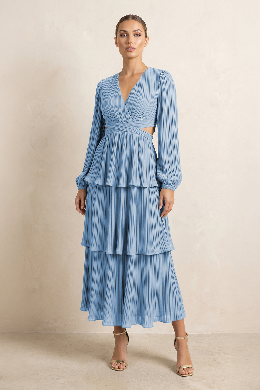 V-Neck Tiered A-Line Chiffon Midi Bridesmaid Dress in Steel Blue