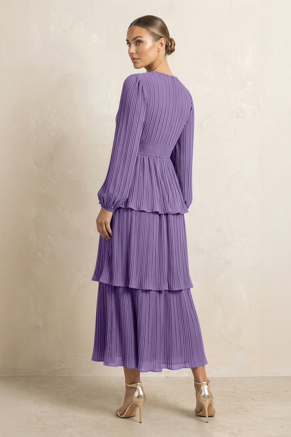 V - Neck Tiered A - Line Chiffon Midi Bridesmaid Dress in Tahiti - SHE IS ME Bridesmaid Dresses