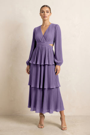 V-Neck Tiered A-Line Chiffon Midi Bridesmaid Dress in Tahiti | KISSBRIDAL