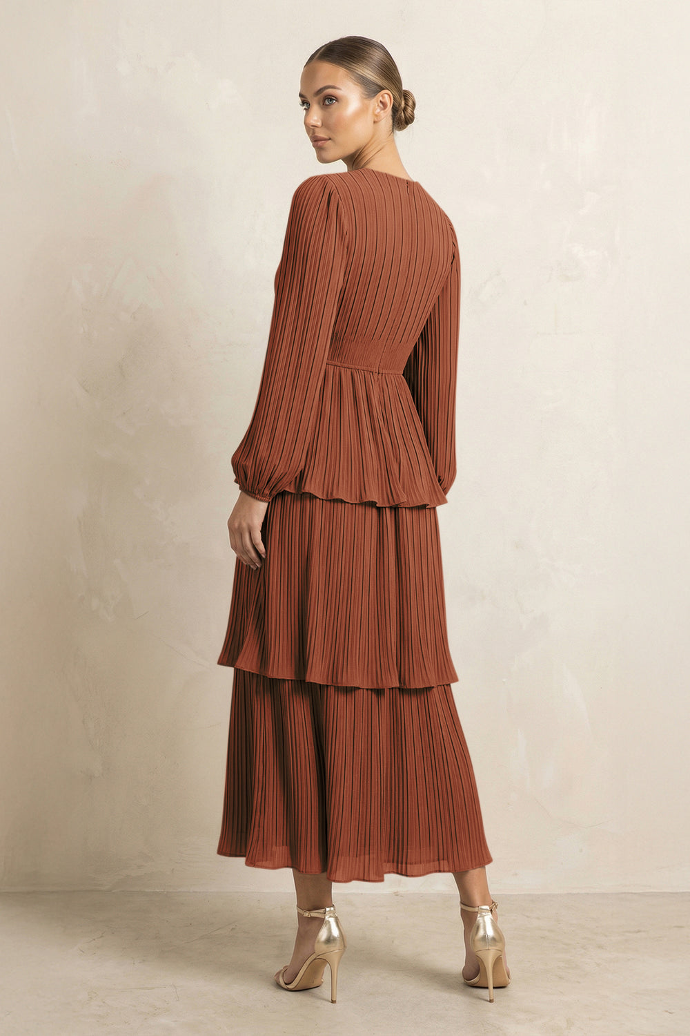 V-Neck Tiered A-Line Chiffon Midi Bridesmaid Dress in Terracotta