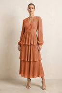 V - Neck Tiered A - Line Chiffon Midi Bridesmaid Dress in Terracotta - SHE IS ME Bridesmaid Dresses