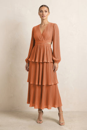 V - Neck Tiered A - Line Chiffon Midi Bridesmaid Dress in Terracotta - SHE IS ME Bridesmaid Dresses