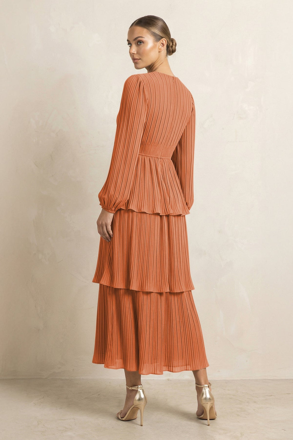 V - Neck Tiered A - Line Chiffon Midi Bridesmaid Dress in Terracotta - KISS BRIDAL Bridesmaid Dresses