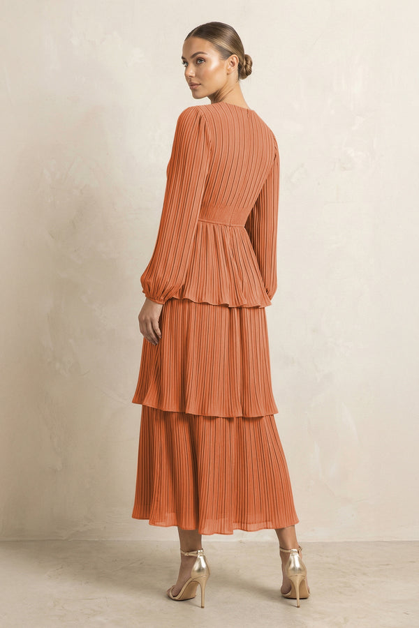 V - Neck Tiered A - Line Chiffon Midi Bridesmaid Dress in Terracotta - SHE IS ME Bridesmaid Dresses