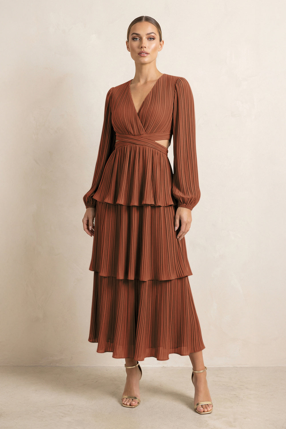 V-Neck Tiered A-Line Chiffon Midi Bridesmaid Dress in Terracotta