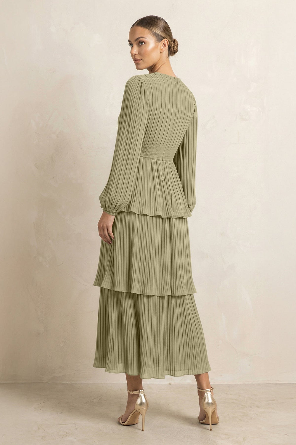 V - Neck Tiered A - Line Chiffon Midi Bridesmaid Dress in Thyme - KISS BRIDAL Bridesmaid Dresses