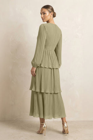 V - Neck Tiered A - Line Chiffon Midi Bridesmaid Dress in Thyme - SHE IS ME Bridesmaid Dresses