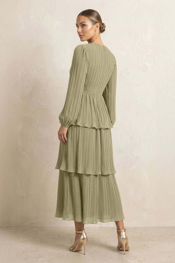 V - Neck Tiered A - Line Chiffon Midi Bridesmaid Dress in Thyme - SHE IS ME Bridesmaid Dresses