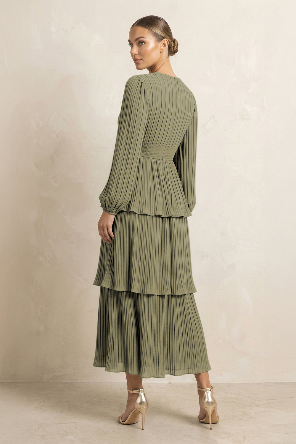 V-Neck Tiered A-Line Chiffon Midi Bridesmaid Dress in Thyme
