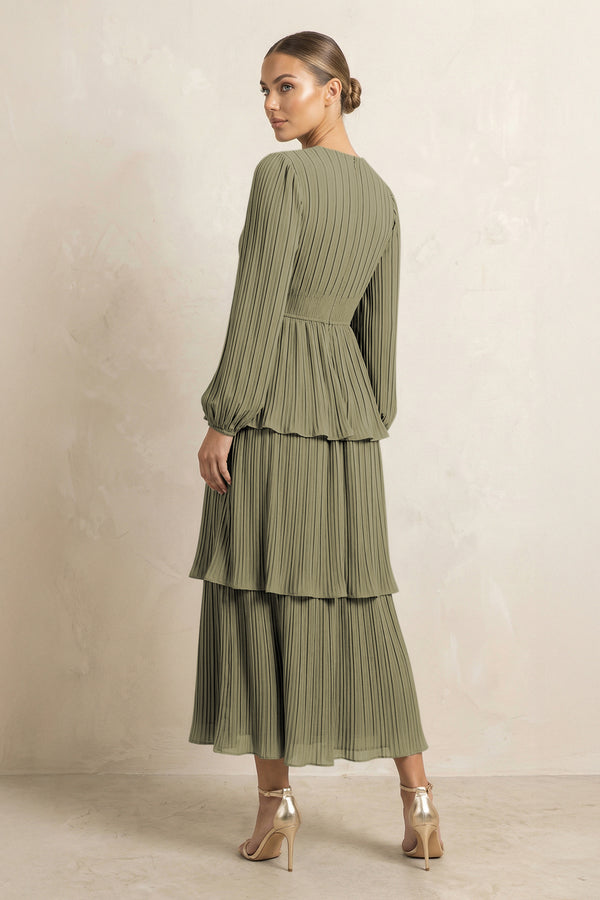 V-Neck Tiered A-Line Chiffon Midi Bridesmaid Dress in Thyme (2) | KISSBRIDAL