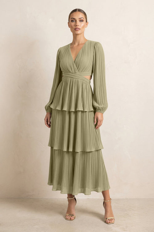 V - Neck Tiered A - Line Chiffon Midi Bridesmaid Dress in Thyme - SHE IS ME Bridesmaid Dresses
