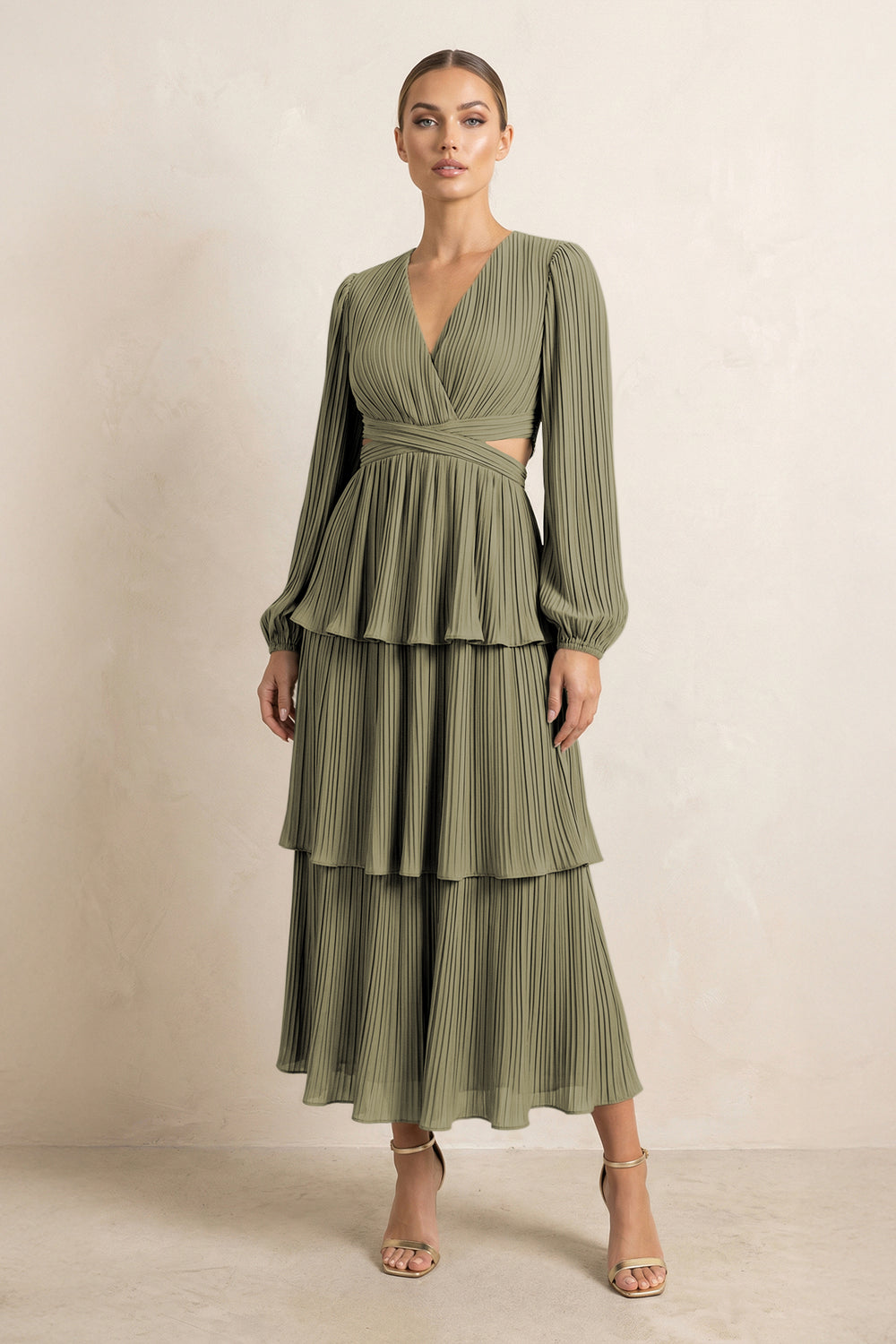 V-Neck Tiered A-Line Chiffon Midi Bridesmaid Dress in Thyme