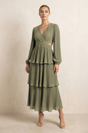 V-Neck Tiered A-Line Chiffon Midi Bridesmaid Dress in Thyme | KISSBRIDAL