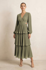 V-Neck Tiered A-Line Chiffon Midi Bridesmaid Dress in Thyme | KISSBRIDAL