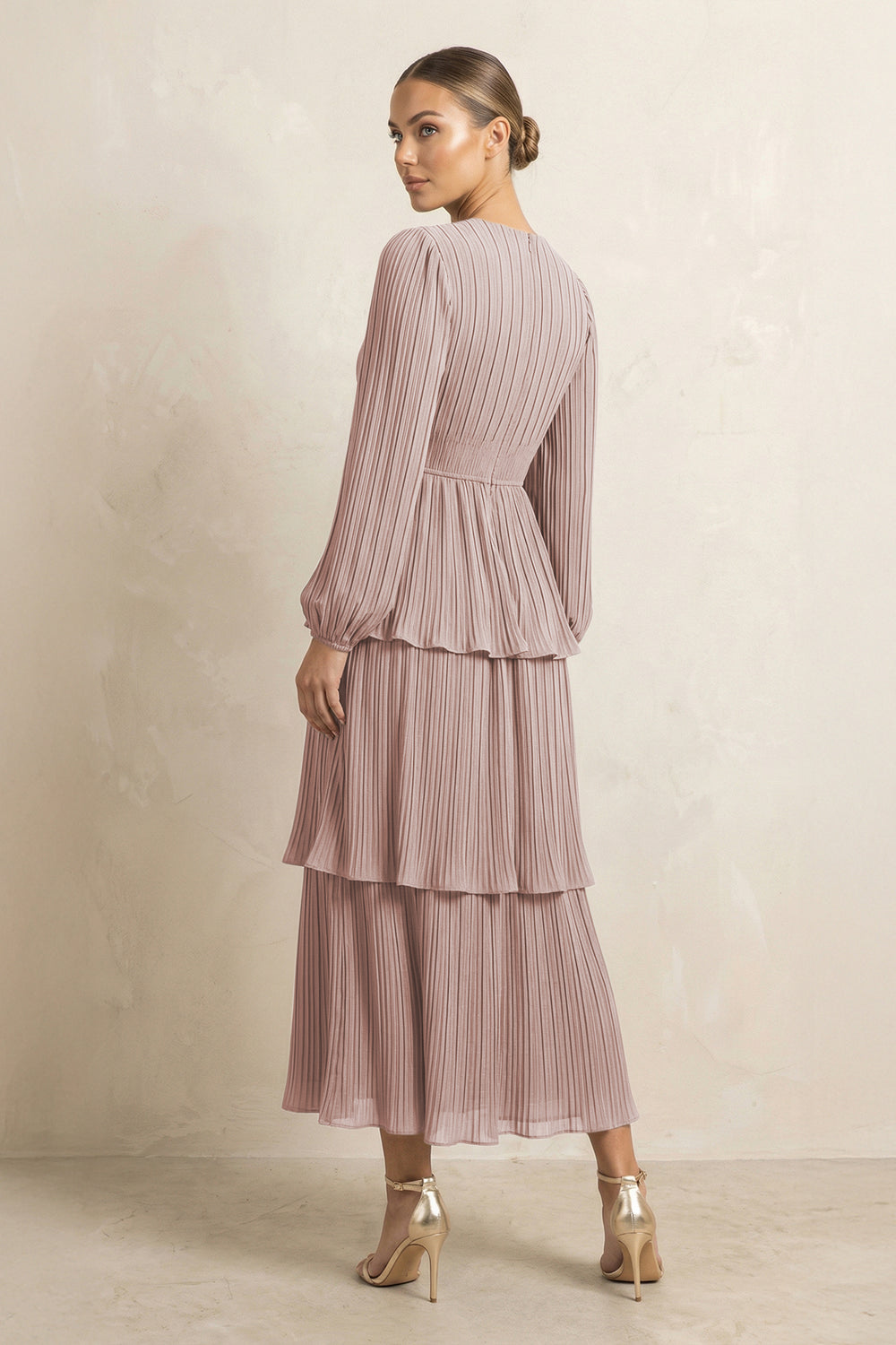 V-Neck Tiered A-Line Chiffon Midi Bridesmaid Dress in Toffee