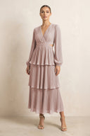 V - Neck Tiered A - Line Chiffon Midi Bridesmaid Dress in Toffee - SHE IS ME Bridesmaid Dresses
