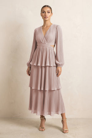 V - Neck Tiered A - Line Chiffon Midi Bridesmaid Dress in Toffee - SHE IS ME Bridesmaid Dresses