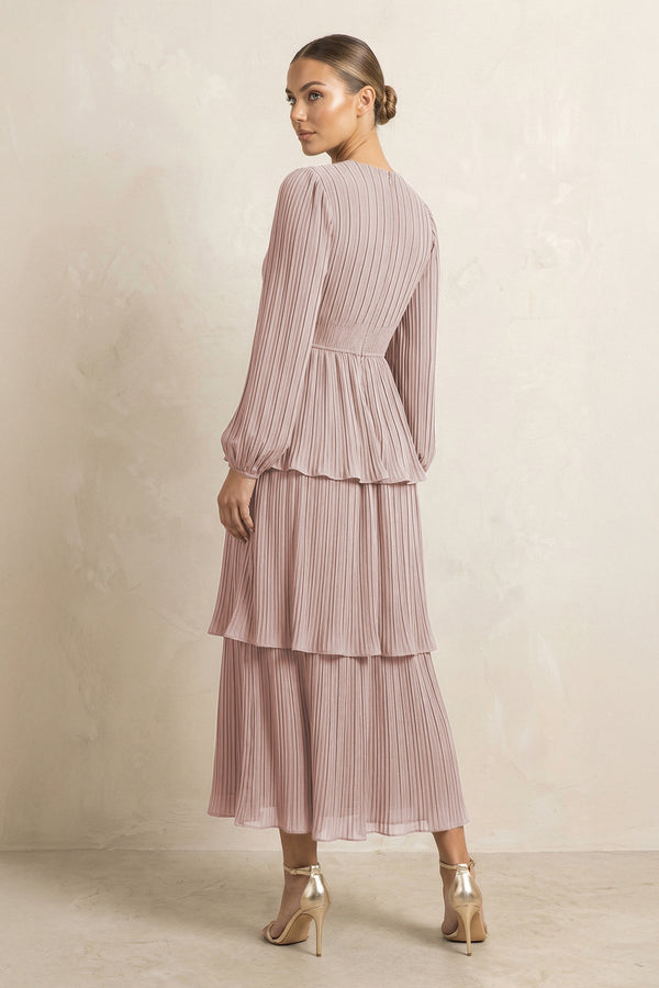 V - Neck Tiered A - Line Chiffon Midi Bridesmaid Dress in Toffee - SHE IS ME Bridesmaid Dresses