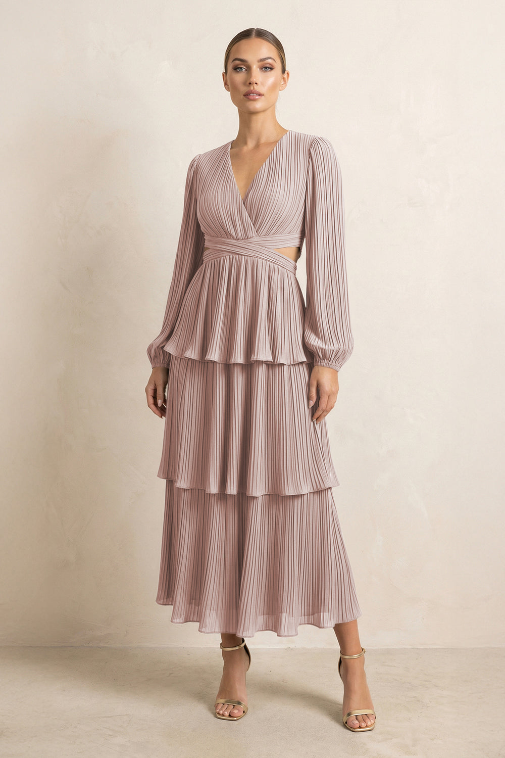V-Neck Tiered A-Line Chiffon Midi Bridesmaid Dress in Toffee
