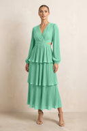 V - Neck Tiered A - Line Chiffon Midi Bridesmaid Dress in Turquoise - SHE IS ME Bridesmaid Dresses