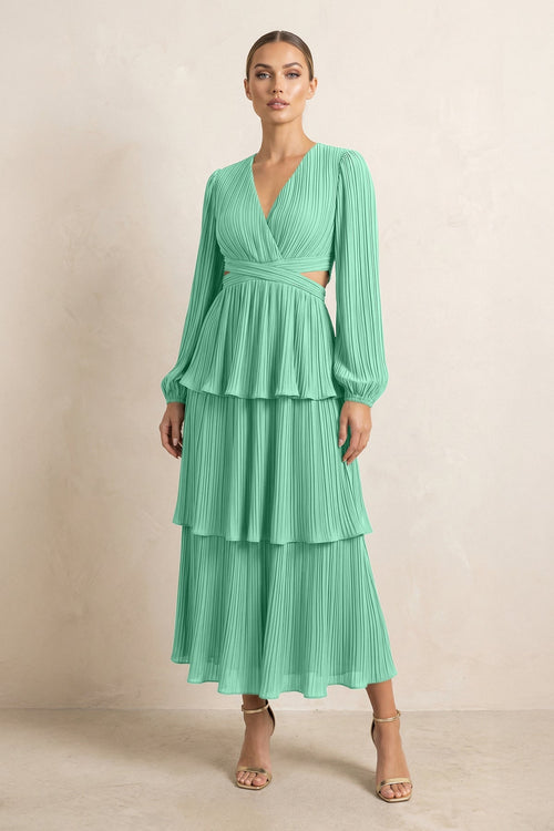 V - Neck Tiered A - Line Chiffon Midi Bridesmaid Dress in Turquoise - SHE IS ME Bridesmaid Dresses